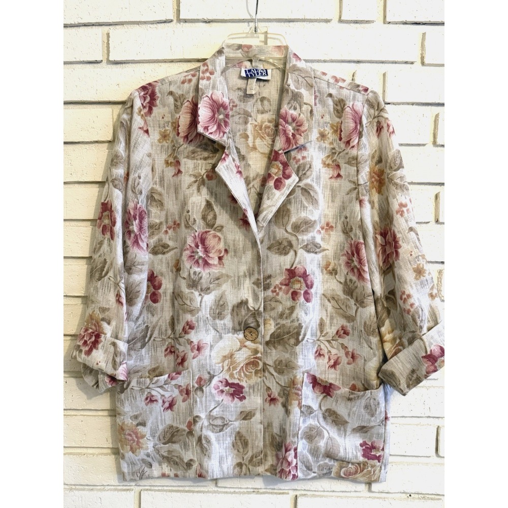 Laura‎ Tyler Floral Blazer Beige 3/4 Sleeve Retro Oversized Boho Size Small Vtg.